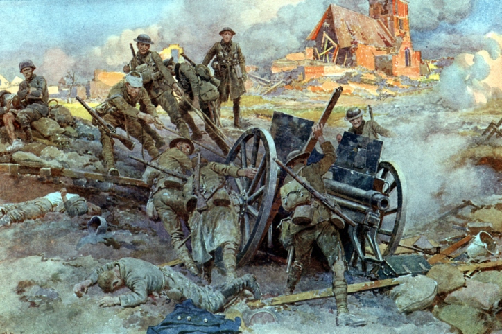 Soldiers pulling a large field gun through mud