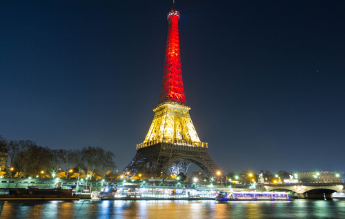Eiffel Tower coloured like the Belgian flag